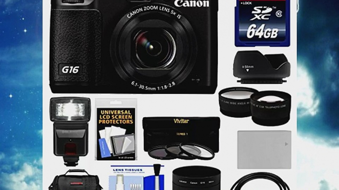 Canon PowerShot G16 WiFi Digital Camera Black with 64GB Card Case Flash Battery HDMI Cable TeleWide Lenses Filter Kit