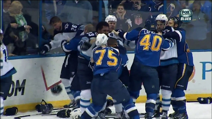 Giant scrum late 3rd. Ryan Reaves, Dustin Byfuglien Winnipeg Jets vs St. Louis Blues 3/17/14 NHL