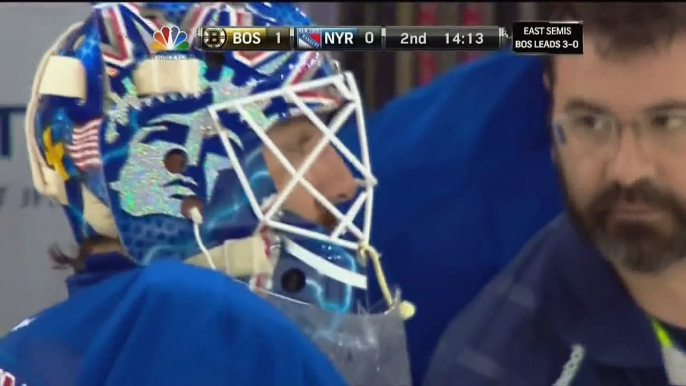 Zdeno Chara breaks Henrik Lundqvist's mask. May 23 2013 Boston Bruins vs NY Rangers NHL Hockey.