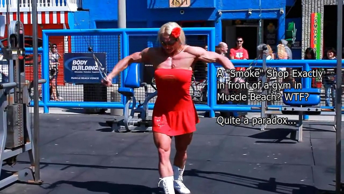 Massive Female bodybuilding hard gym workout at Muscle Beach