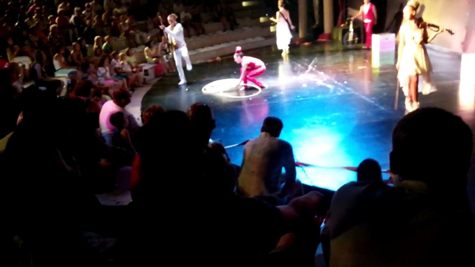 One wheel cycle two men cycling in circus show
