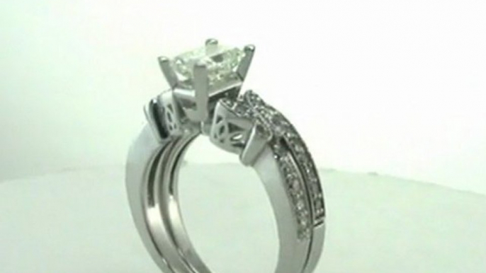 FDENS3077RA       Radiant Cut Diamond Fleur Wedding Rings Set W Round Cut Side Stones In Pave Setting