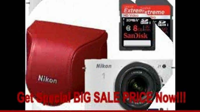 Nikon 1 J1 Digital Camera Body with 10-30mm VR Lens (White) & 30-110mm f/3.8-5.6 VR Nikkor Lens with 8GB Card + Red Leather Case + Cleaning Kit