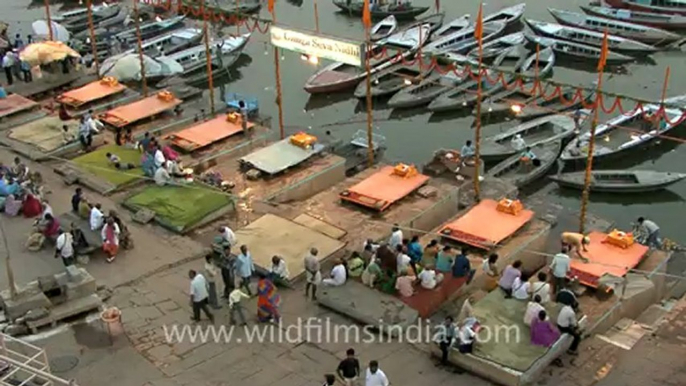 2568.Preparation for evening aarti, at Ganga Ghat, Varanasi..mov