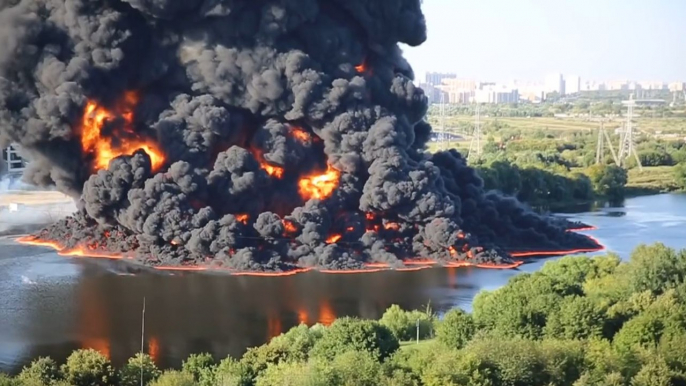 Une fuite de pétrole prend feu sur la rivière de Moscou