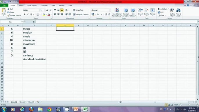 Find mean,median,mode,min,max,Q1,Q3,var,stdev using excel