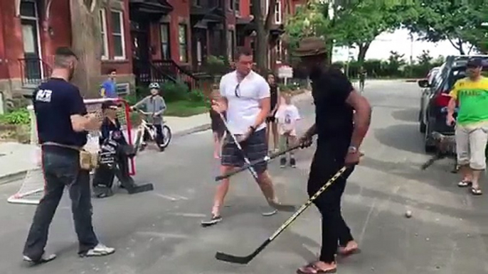Pro NHL player P.K. Subban crashes street hockey game, delights children