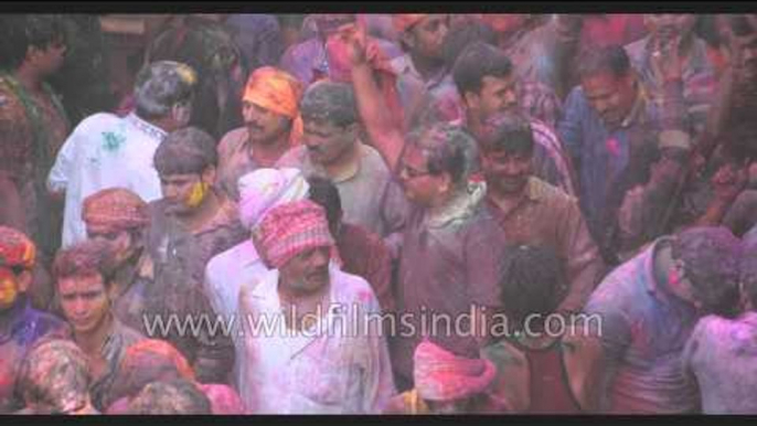 Hindu priests throws colour on devotees inside the Banke Bihari temple - Vrindavan