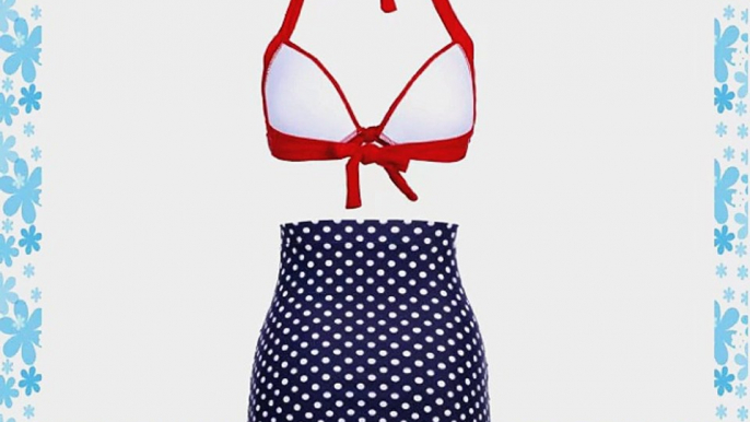 High Waist Retro Bikini Swimsuit Swimwear with Dark Blue Polka Dot Bottom and Red Top - Size