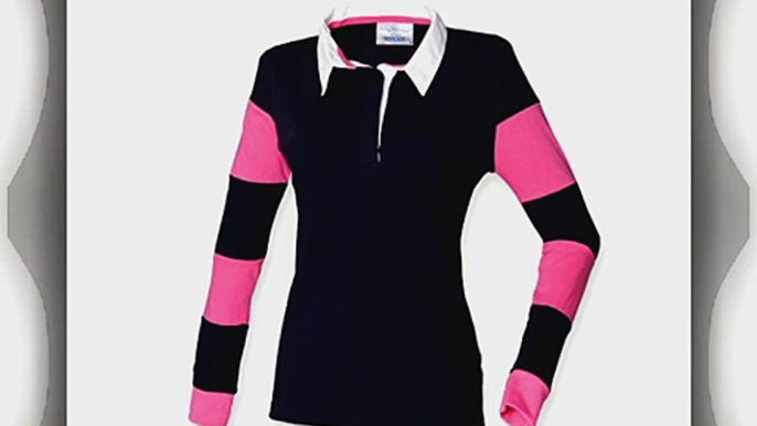 Front Row Ladies Striped Sleeve Rugby Shirt in navy and bright pink - L(14)