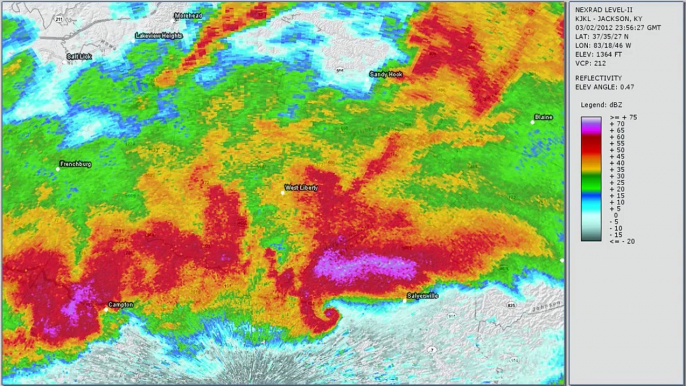 Doppler Radar - West Liberty and Salyersville Kentucky Tornadoes - March 2, 2012