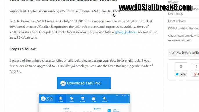 TaiG v2.4.1 Releases IOS 8.4 Jailbreak Untethered IPhone 6, 6 plus, 5, 5s, 5c, 4S, IPod Touch 4/4G, IPad 2/3, IPhone 4S/4