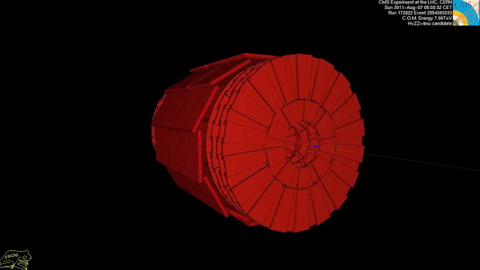 LHC collision event at CMS showing four high energy muons (CMS Higgs search)