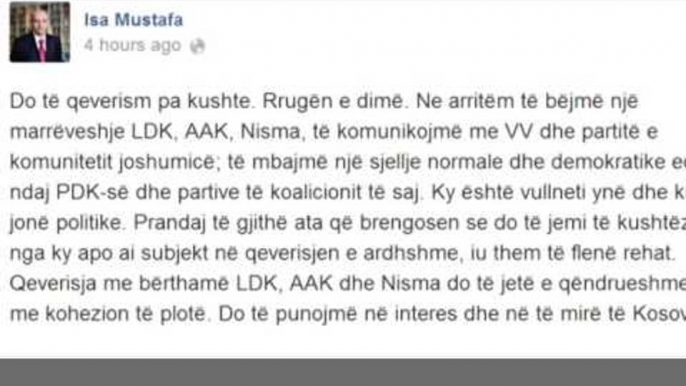 QEVERIA E RI NE KOSOVE KREU I LDK,ISA MUSTAFA OPTIMIST PER KRIJIMIN E KABINETIT TE RI LAJM