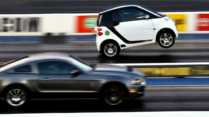 Smart Car Pops a Wheelie and Smokes Mustang Off The Line