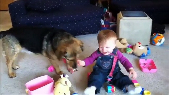 Baby Smiling Watching A Dog Eating Bubbles