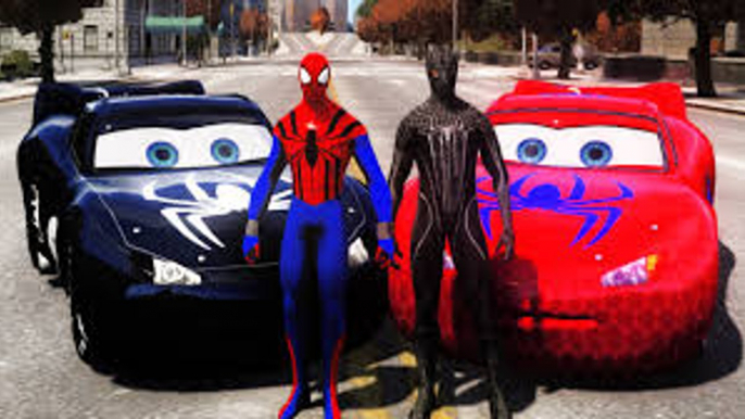 Black Spider-Man with Spider-Man having fun with their Custom Lightning McQueen SpiderMan Cars!