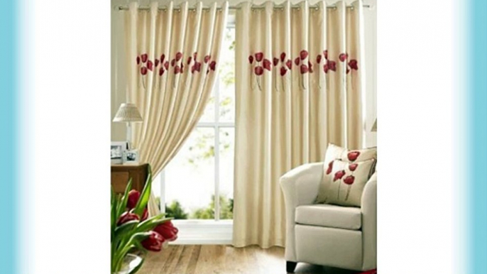 Cream Red Lined Eyelet Curtains Ringtop Poppies - 90 x90