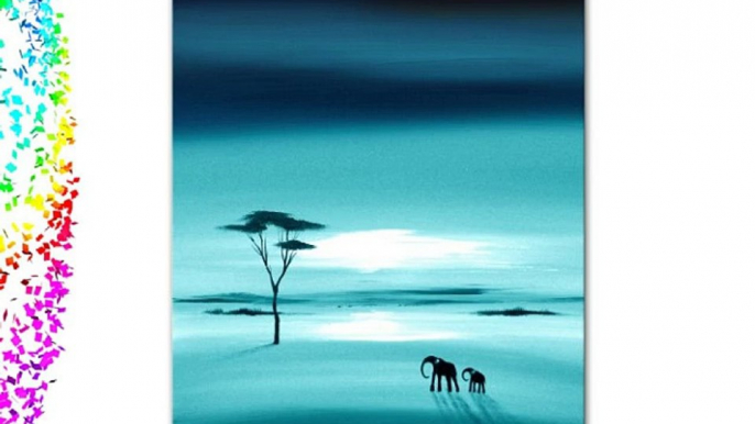 African Landscape Original Canvas Painting Elephants Wall Art - In Teal - By SCA ART