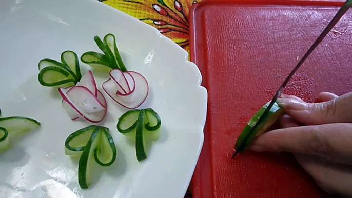 Украшения из овощей (делаем из огурца и редиса завиток и цветок). Decoration of vegetables