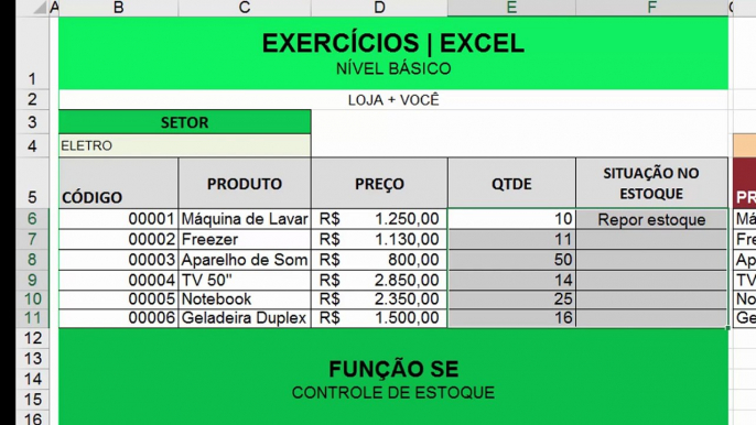 APRENDIZADO LIVRE %7C FUNCAO SE %7C CONTROLE DE ESTOQUE %7C EXERCICIO 3 - NIVEL BASICO