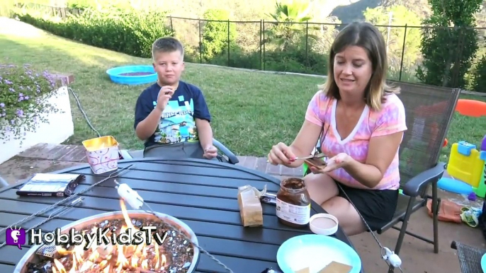 Hersheys SMORES Kit! Fire Pit CHALLENGE + Marshmallow Mess HobbyKidsTV