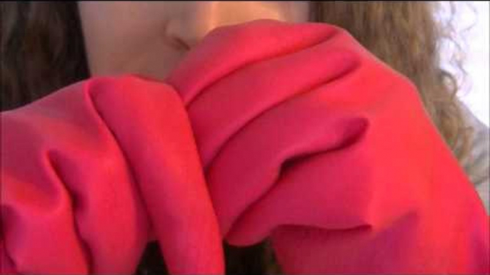 ASMR Sounds With Pink Rubber Gloves + Unintelligible Whispering And Touching The Camera