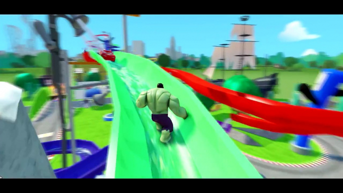 Spiderman HULK & Iron Man ride their bikes & have Fun in Toboggan + race with Disney Cars