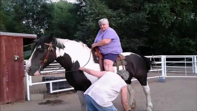 Une grosse femme fait une belle chute de cheval! Grosse gamelle