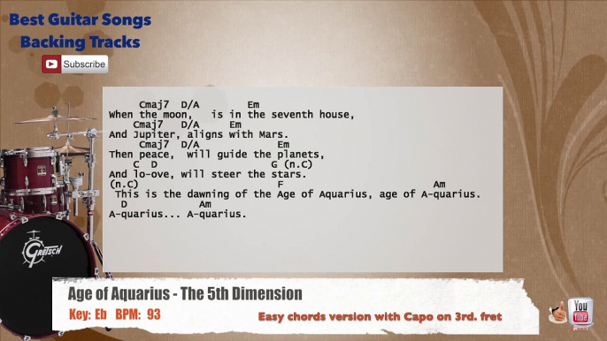 Age of Aquarius - The 5th Dimension Drums Backing Track with chords and lyrics