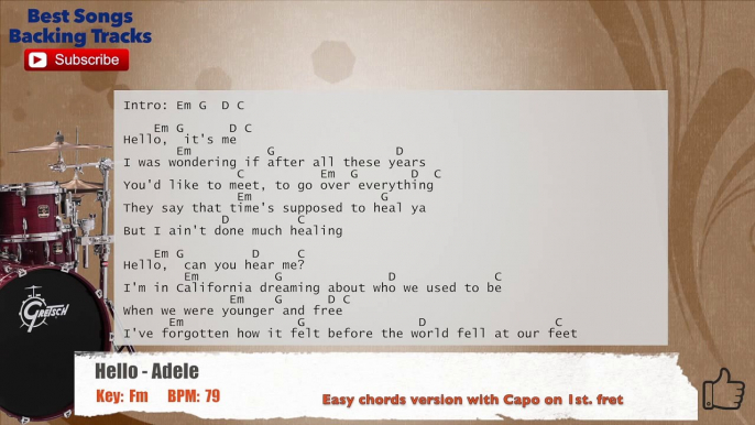 Hello - Adele Drums Backing Track with chords and lyrics