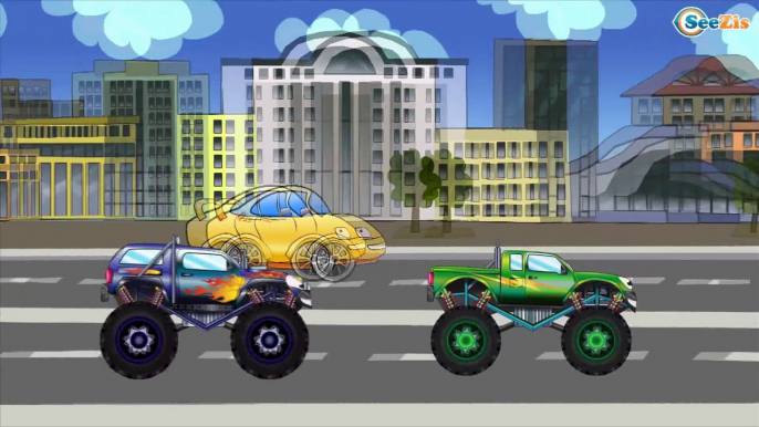 Monster Trucks Race. Police Car, Ambulance, Fire Truck - Emergency Vehicles Cartoons for children