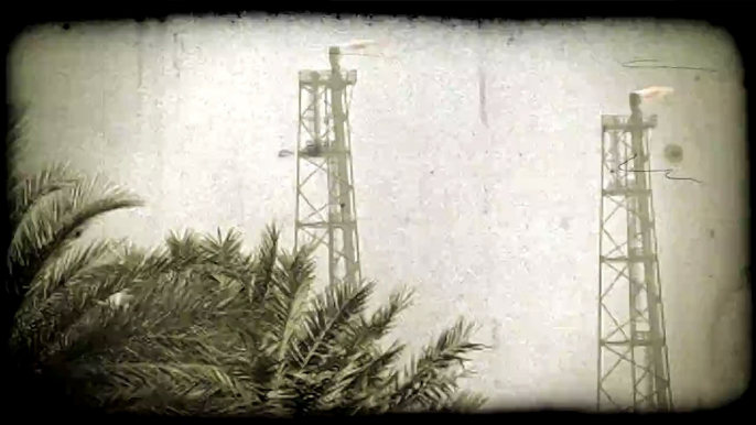 Kuwait oil refinery 1. Vintage stylized video clip.