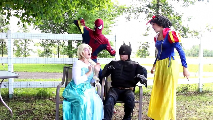 Frozen Elsa vs Poison Ivy at McDonalds! w- Spiderman, Pink Spidergirl, Joker, Catwoman, Anna, Batman