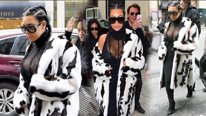 Kim Kardashian Flaunts Major Cleavage In Sheer Top & Dalmatian Fur Coat | Hollywood News