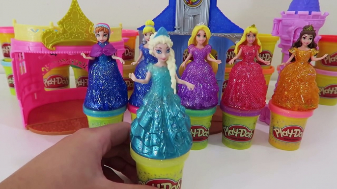 Play Doh Sparkle Dresses Disney Princess Elsa Anna Cinderella Rapunzel MagiClip Glitter Dolls!