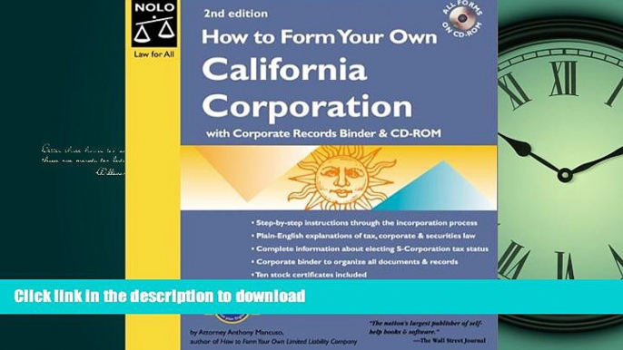 READ THE NEW BOOK How to Form Your Own California Corporation: With Corporate Records Binder