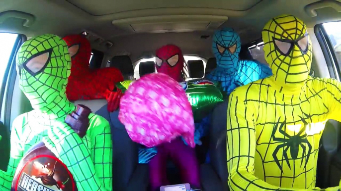 Superhero Car Dance!! The amazing Blue Spiderman green spiderman and frozen Elsa Yellow Spiderman