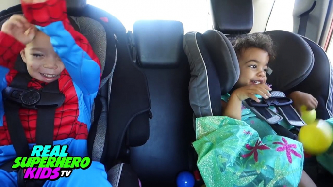 SPIDERMAN FROZEN ELSA JOKER and BABY SPIDER-MAN SuperHeroes Dancing in a Car! REAL SuperHero Kids TV