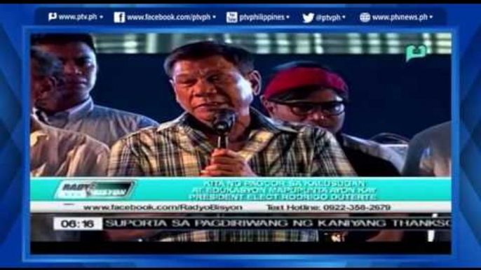 [Radyo Bisyon] kita ng PAGCOR sa Kalusugan at Edukasyon mapupunta ayon kay Pres.- Elect Rody Duterte