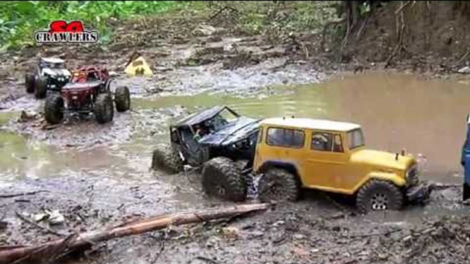 9 trucks mudding! Tamiya CC01 Defender Land Cruiser Axial Wraith RC offroad adventures