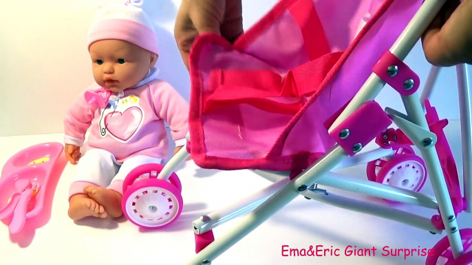 MAIA Baby Doll Stroller Change Diaper Lunch Time Video for Girls by Ema&Eric Giant Surprise