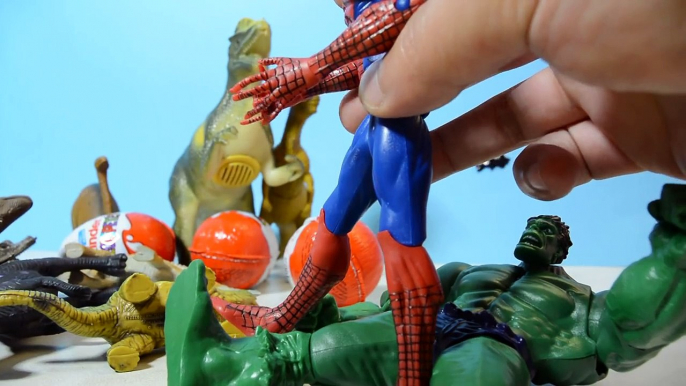 Spider-man and The Incredible Hulk want Kinder Surprise Eggs from dinosaurs and opening Kinder Eggs.