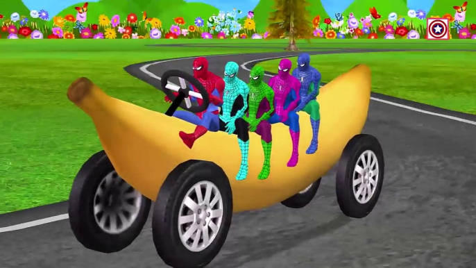 Colors Spiderman On Banana Car Vehicle | Funny Spiderman Children Nursery Rhymes | Fun Superheroes