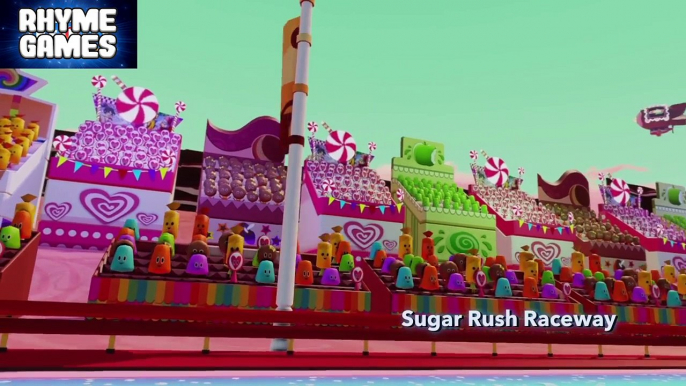 Lightning McQueen from Cars racing in Sugar Rush from Wreck is Ralph