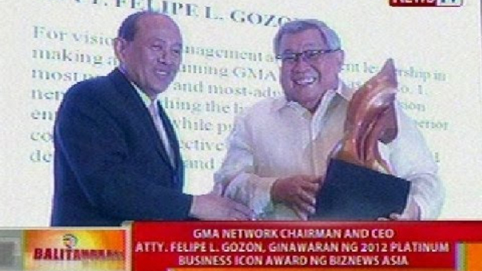 BT: GMA Network Chair Atty. Gozon, ginawaran ng 2012 Platinum Business Icon Award ng Biznews Asia