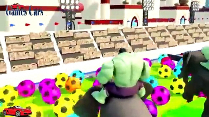 Nursery Rhymes for Kids ! HULK SMASH GIANT BALLS COLORS + Monster Trucks destroy Cars Bikes Race