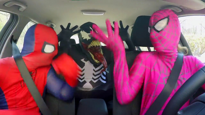 Pink Spidergirl vs Spiderman vs Venom - Superheroes Dancing in a Car - Superhero Movie In Real Life