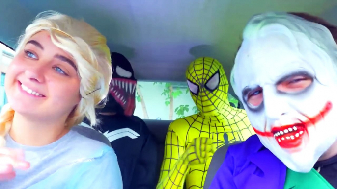 Superheroes Dancing in Car | Frozen Elsa Joker Yellow Spiderman & Venom Funny Movie in Real Life