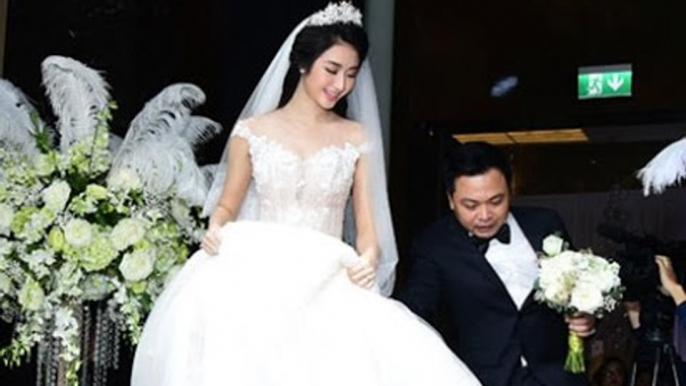 Trực Tiếp đám cưới  Hoa hậu Thu Ngân được chồng đại gia nâng váy trong lễ cưới